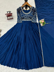 Attractive Chinon Silk Real Mirror Work Navy Blue Color Gown