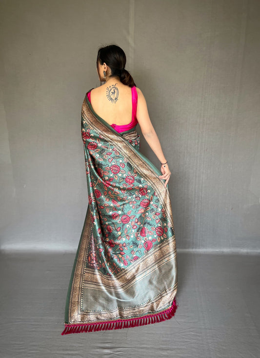 Kalamkari Fusion Print Aqua Green Color Silk Saree