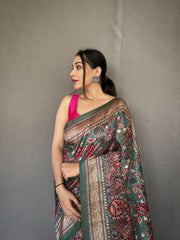 Kalamkari Fusion Print Aqua Green Color Silk Saree