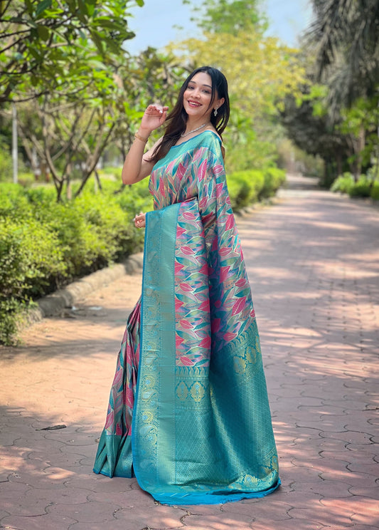 Attractive Kanchipattu Silk Aqua Blue Color Saree