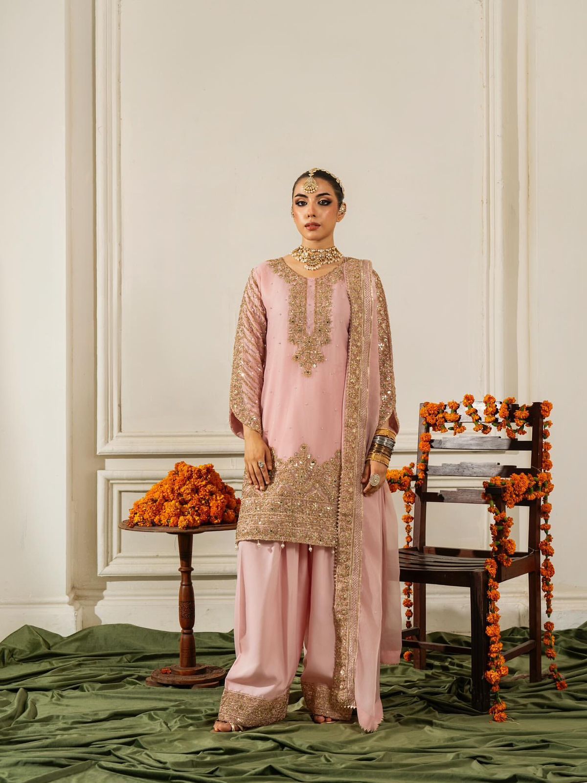 Innovative Pink Chinon Silk Sequence Work Palazzo Suit