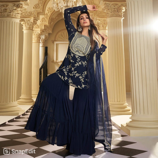 Function Wear Embroidery Work Navy Blue Color Sharara Suit