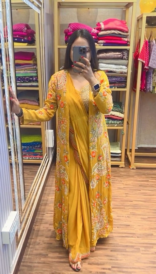 Designer Embroidery Work Yellow Color Ready To Wear Saree With Koti