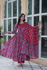 Outstanding Pure Cotton Red Color Gown