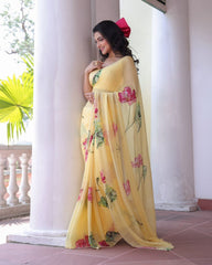 Designer Yellow Tabby Silk with Floral Print Saree