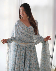 Flower Print Exclusive Fully Flair Sky Blue Color Anarkali Suit