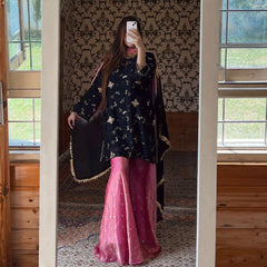 Stylish Black Crushi Silk Sequence Work Sharara Suit