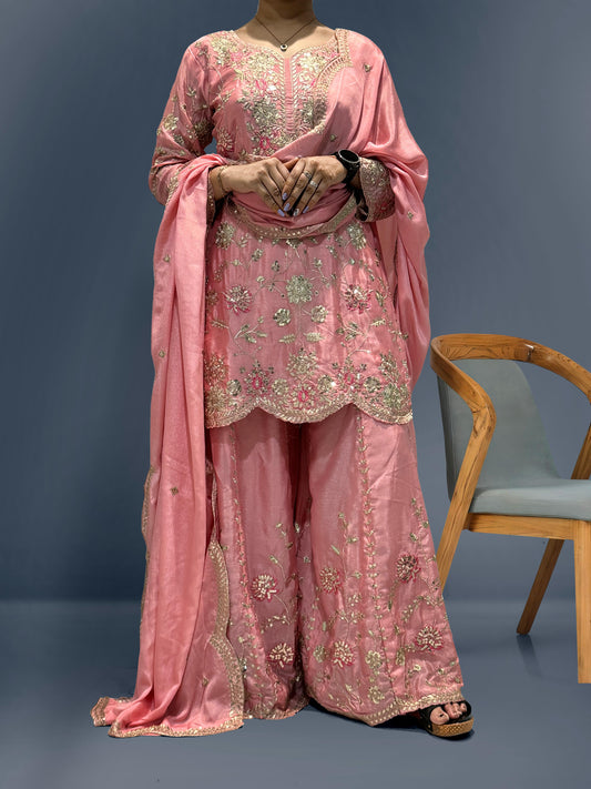 Wonderful Sequence Haldi Wear Pink Color Sharara Suit