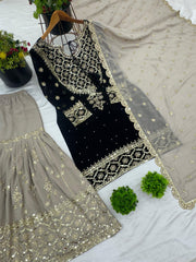 Precious Embroidery Sequence Work Black Color Sharara Suit
