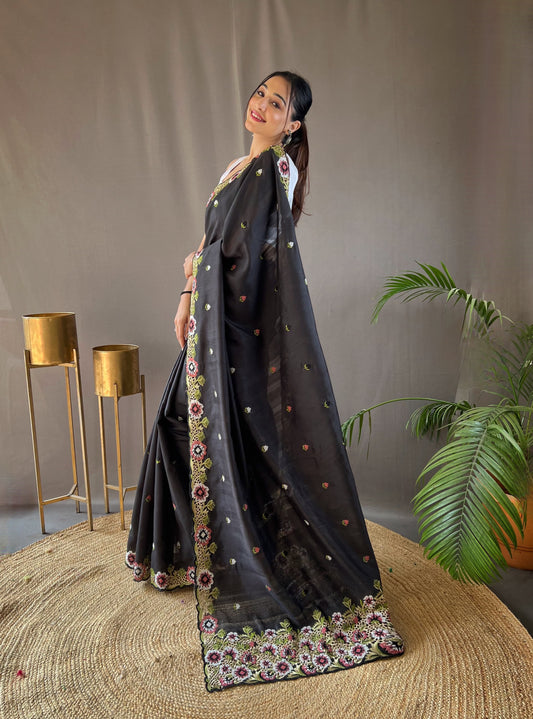 Awesome Black Color Matka Silk Saree