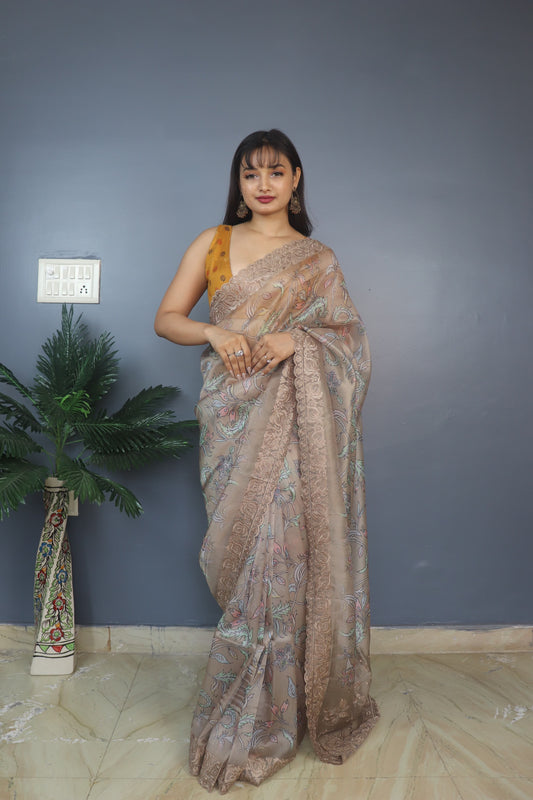 Gorgeous Organza Silk Kalamkari Print Beige Color Saree