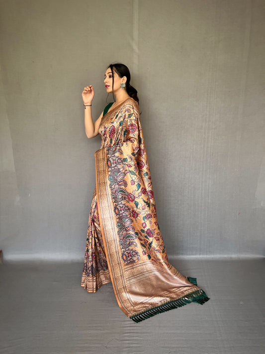 Kalamkari Fusion Print Beige Color Silk Saree