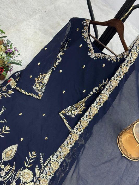 Designer Embroidery Work Navy Blue Color Top With Lehenga