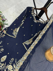 Designer Embroidery Work Navy Blue Color Top With Lehenga