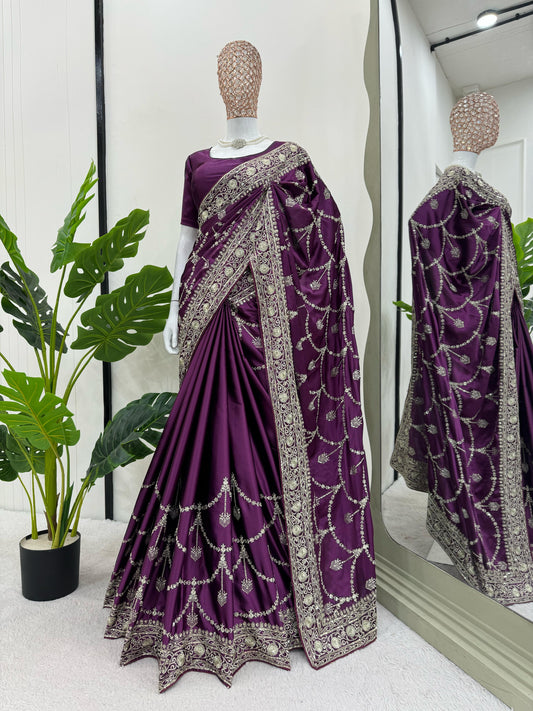 Function Wear Satin Silk Wine Color saree