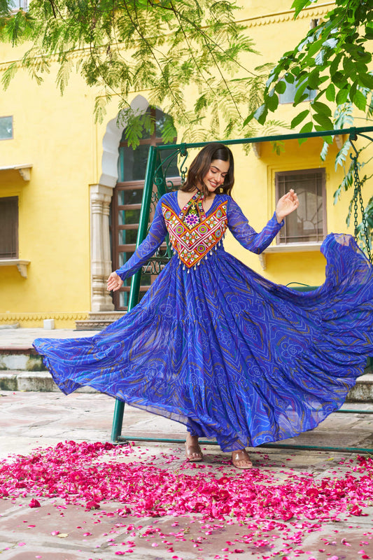Navratri Festival Innovative Blue Georgette Kutchi Work Gown