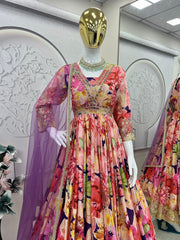 Pretty Multi Color Chinon Silk Embroidery Work Gown