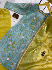 Imposing Jimmy Choo Sky Blue & Yellow Color Palazzo Suit