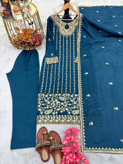 Precious Chinon Silk Embroidery Work Teal Blue Salwar Suit