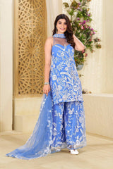 Shining Embroidery Work Blue Color Palazzo Suit