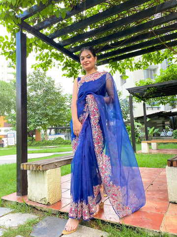 Beautiful Lace Border Organza Silk Navy Blue Color Saree