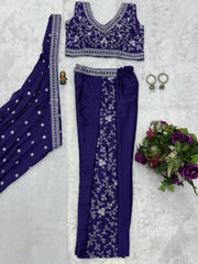 Party Wear Embroidery Work Navy Blue Color Palazzo Set