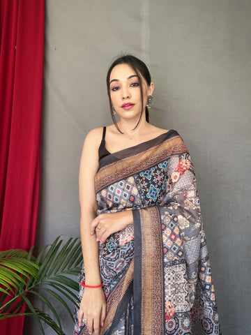 Outstanding Kashmiri Digital Print Black Border Saree