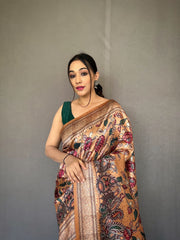 Kalamkari Fusion Print Beige Color Silk Saree