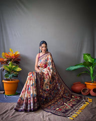 Captivating Digital Printed Cotton Beige Color Saree