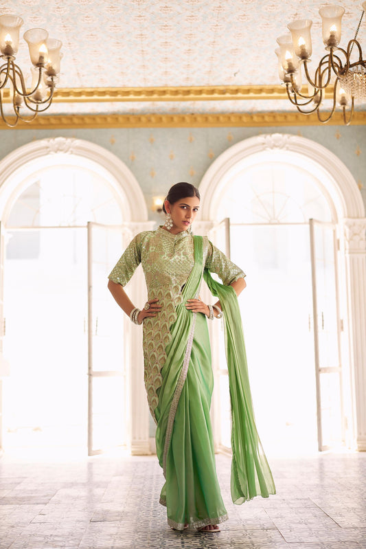 Glossy Embroidery Work Pista Color Ready To Wear Saree