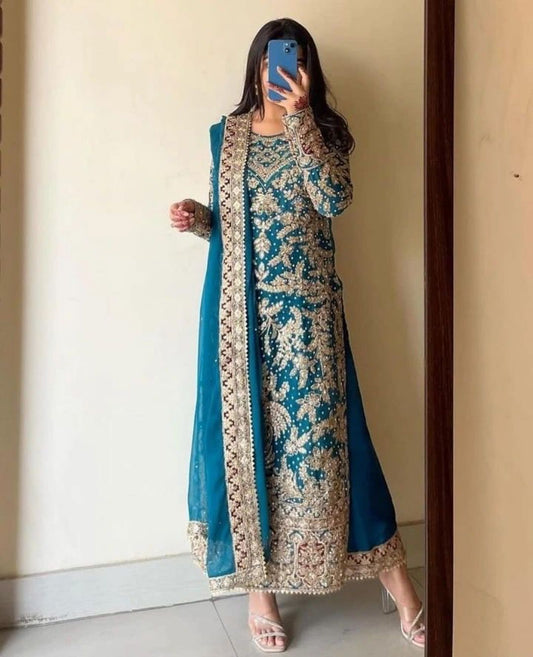 Peaceful Heavy Embroidery Work Blue Color Palazzo With Dupatta Set