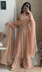 Demanding Embroidery Work Peach Color Top Palazzo With Dupatta