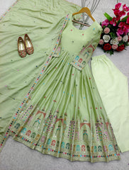 Stunning Embroidery Work Pista Color Anarkali Gown