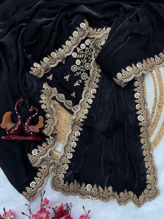 Beautiful Silk Embroidery Work Black Color Saree