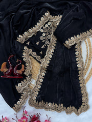 Beautiful Silk Embroidery Work Black Color Saree