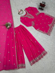 Georgette Pink Color Palazzo Set With Dupatta