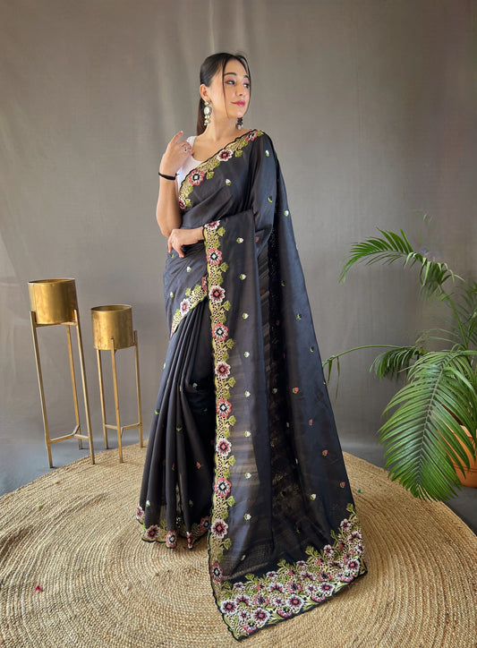 Awesome Black Color Matka Silk Saree