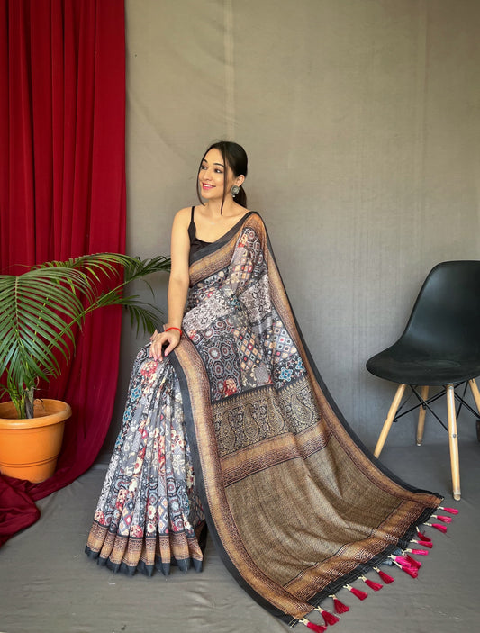 Outstanding Kashmiri Digital Print Black Border Saree