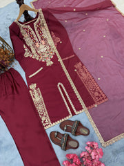 Exclusive Maroon Satin Silk Work Palazzo Suit