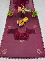 Wonderful Wine Fendi Silk Diamond Work Saree