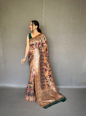 Kalamkari Fusion Print Beige Color Silk Saree