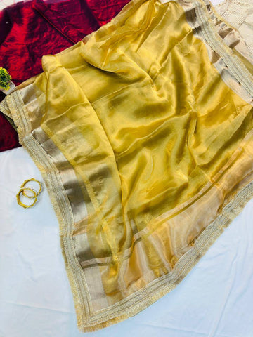 Peach Soft Tissue Silk with Fancy Lace Border Saree
