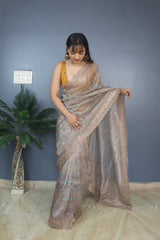 Gorgeous Organza Silk Kalamkari Print Beige Color Saree