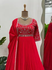 Attractive Chinon Silk Real Mirror Work Red Color Gown