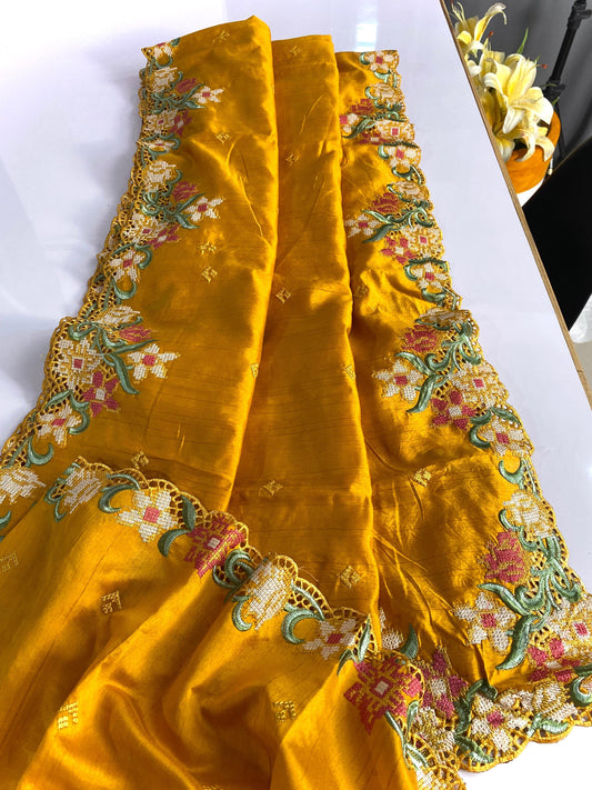Designer Tussar Silk Yellow Color Saree