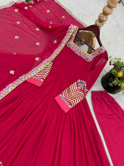 Captivating Red Georgette Embroidery Work Gown