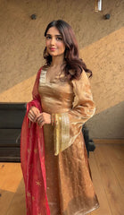 Blissful Embroidery Work Beige Color Salwar Suit With Red Dupatta