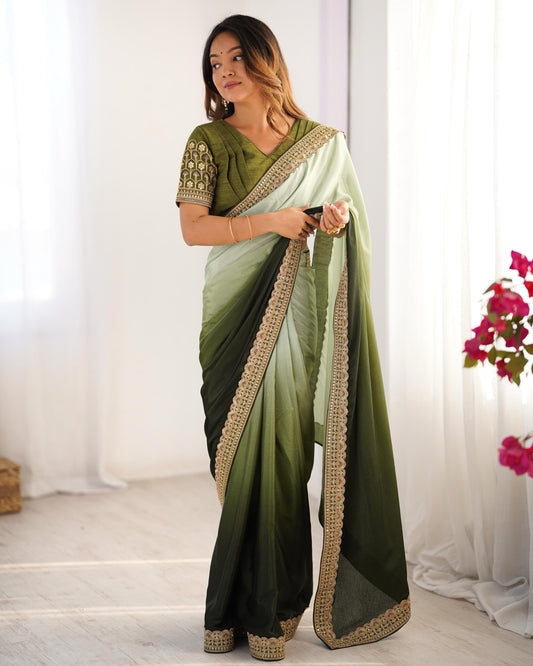 Stylish Sequence Lace work Mehndi Double Shaded Saree