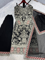 Peaceful Heavy Embroidery Work Black Color Palazzo With Dupatta Set
