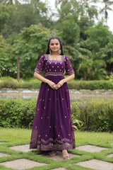 Fabulous Square Neck Design Purple Color Zari Work Gown
